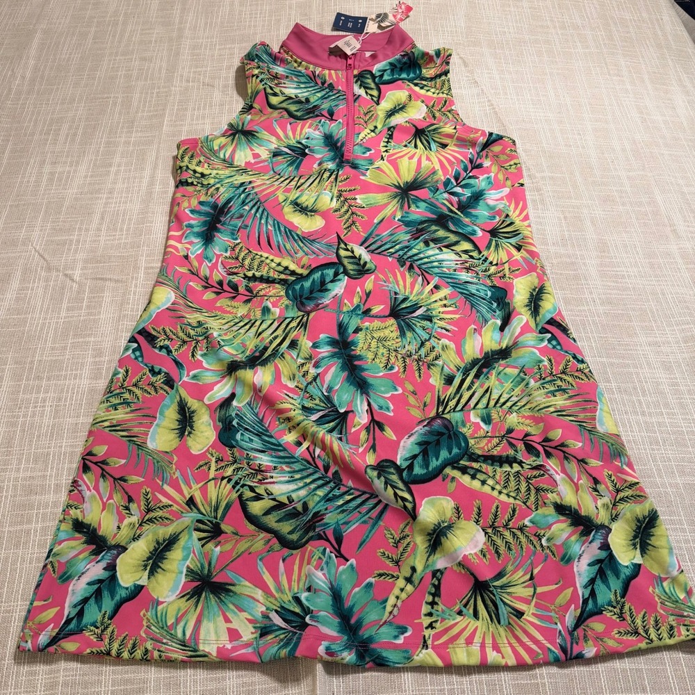 Tommy Bahama Golf Dress Womens Large Pink Tropical Leaf UPF 50 Quarter Zip New